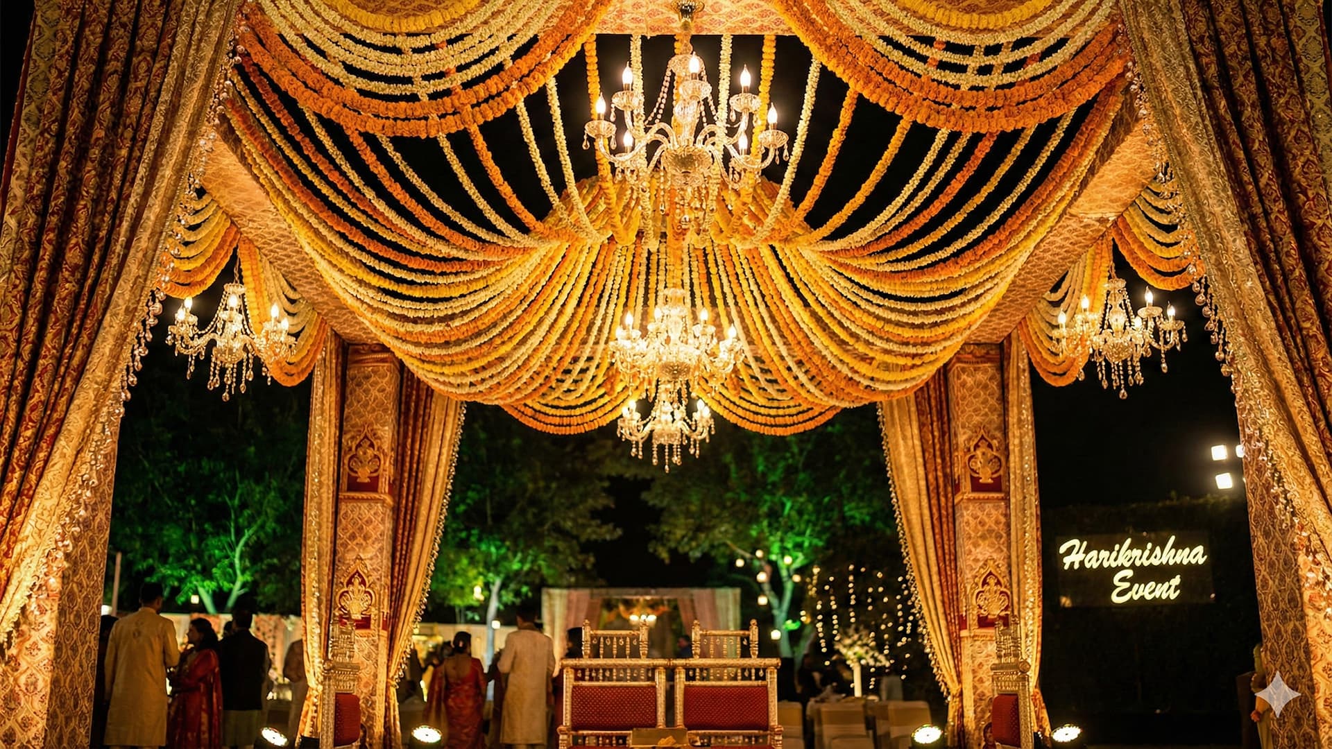 Cinematic view of a luxury Indian wedding mandap decorated with florals and golden lights